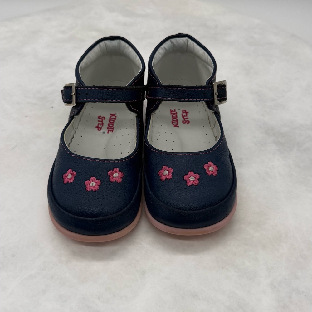 Toddler Navy Mary Jane Leather Shoes with Pink Flower Accents Size EU 22 US 6
